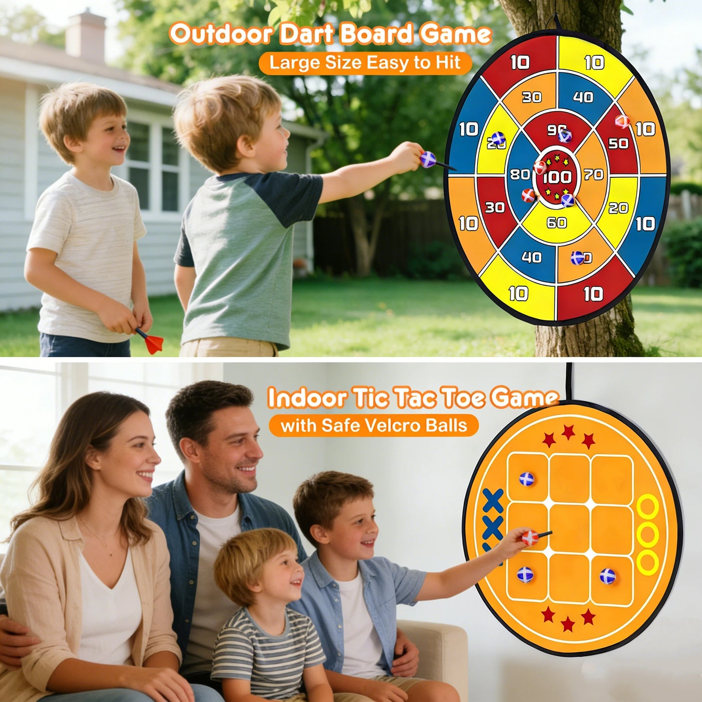 Large Dart Board Game for Kids (2 Pack, 29"), Indoor Outdoor Toss Toys with Scoreboard Target & Tic Tac Toe, 12 Sticky Balls, Carry Bag, Family Party Yard Games